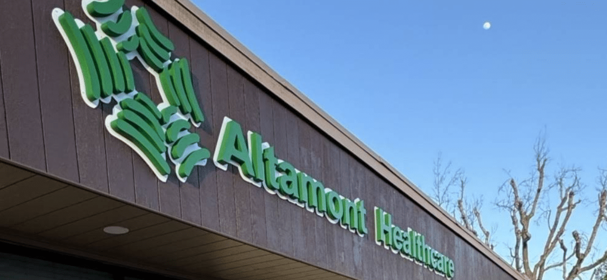 Altamont Healthcare sign on the Bakersfield building.